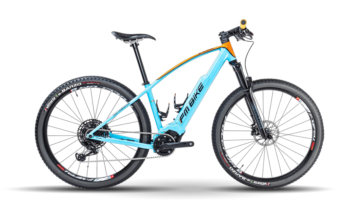 bici elettrica mtb modello the animal azzurra e arancio con scritte nere con doppio porta borraccia vista laterale