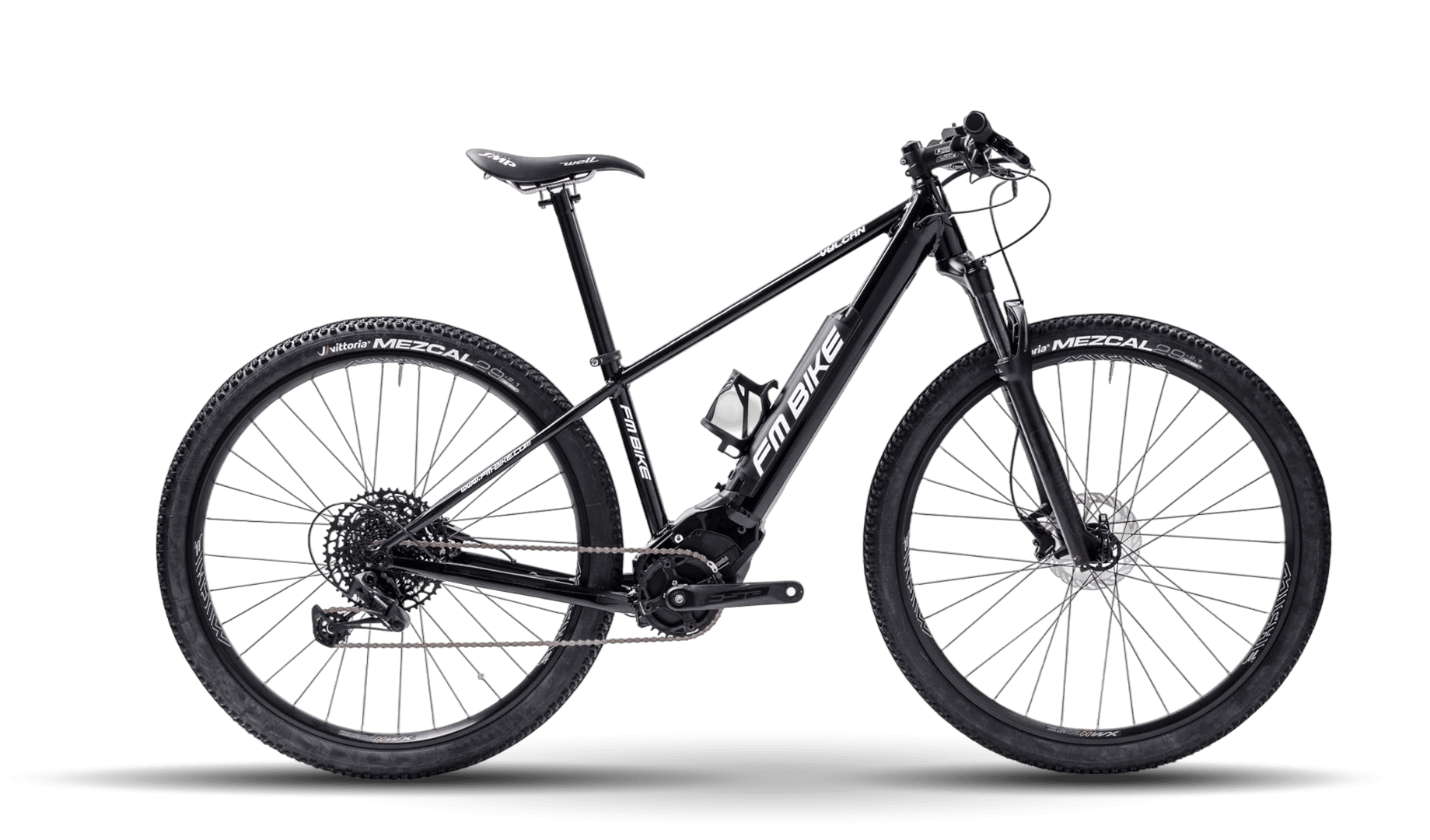 bici elettrica mtb modello vulcan nera con le scritte bianche vista laterale