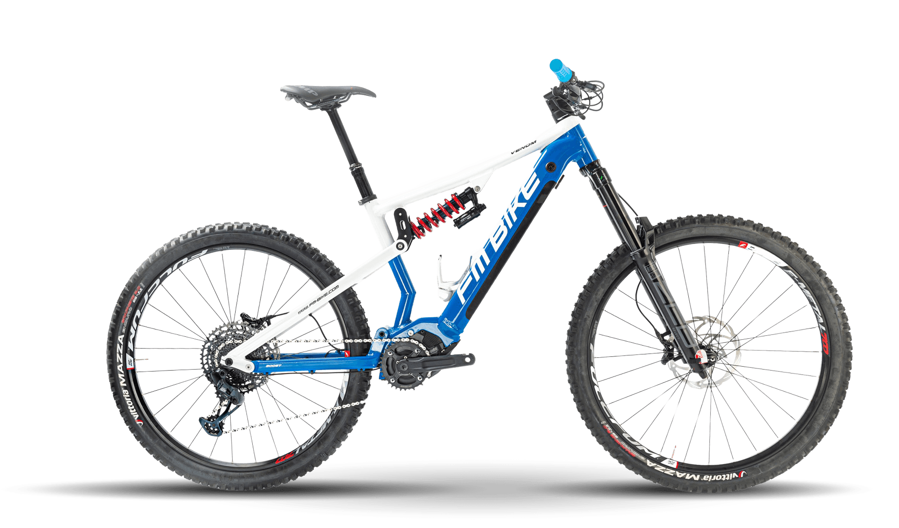 ebike mtb modello venom 720 bianca e blu vista laterale