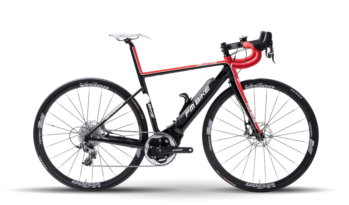 bici elettrica da strada modello energy road con telaio nero e bianco vista laterale