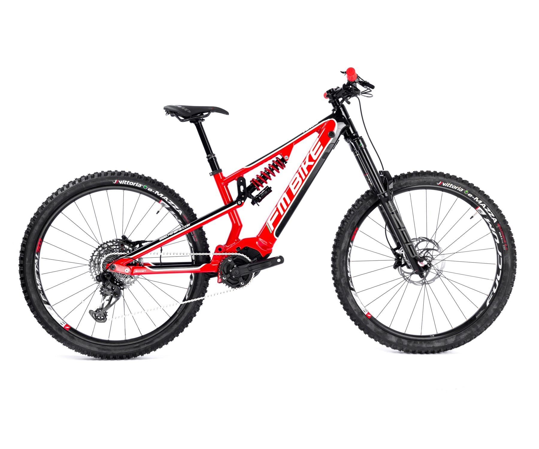 ebike mtb modello venom 720 vista laterale rossa e nera con scritta bianca