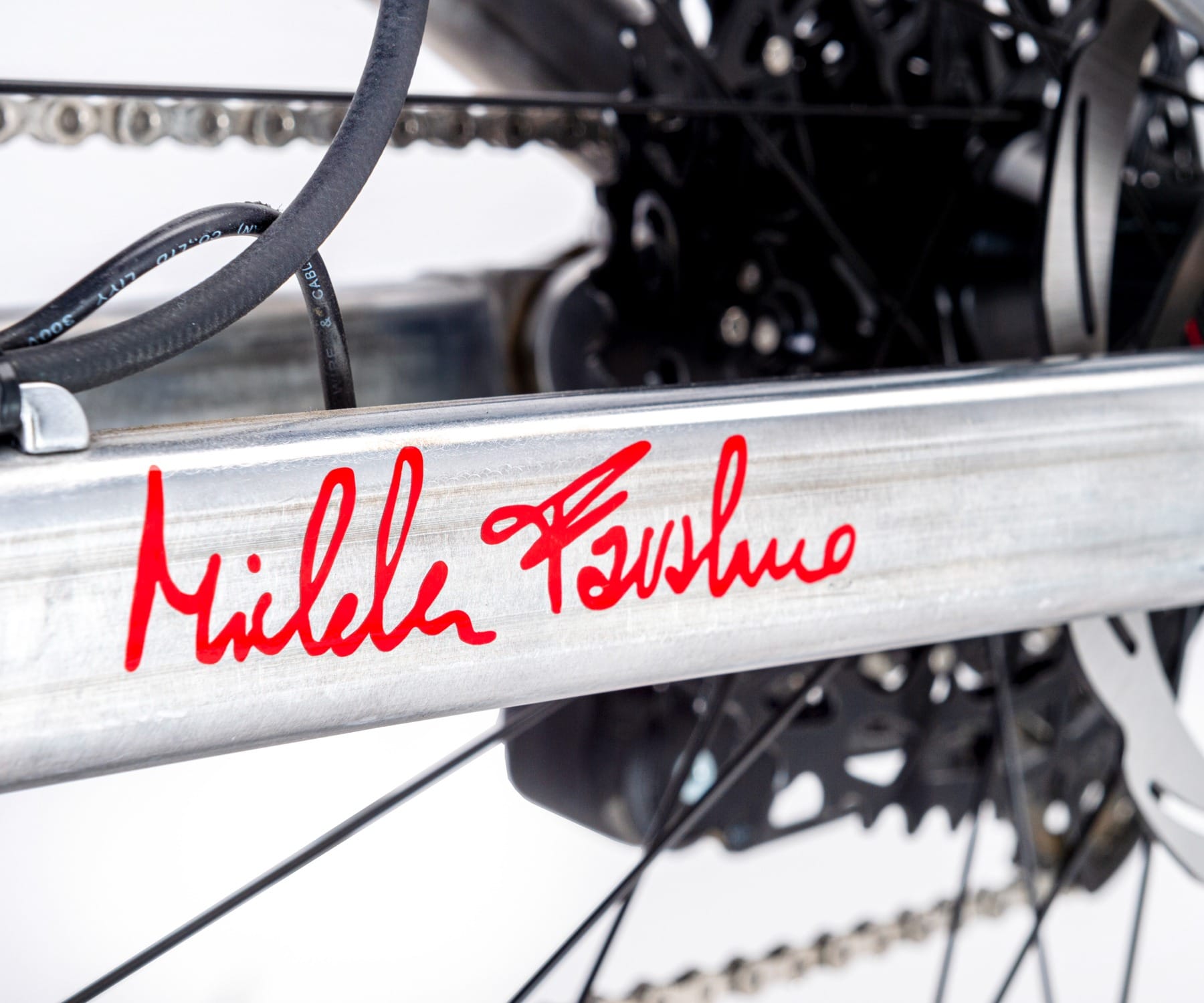 ebike mtb modello venom 720 telaio grigio dettaglio scritta rossa Michele Favaloro