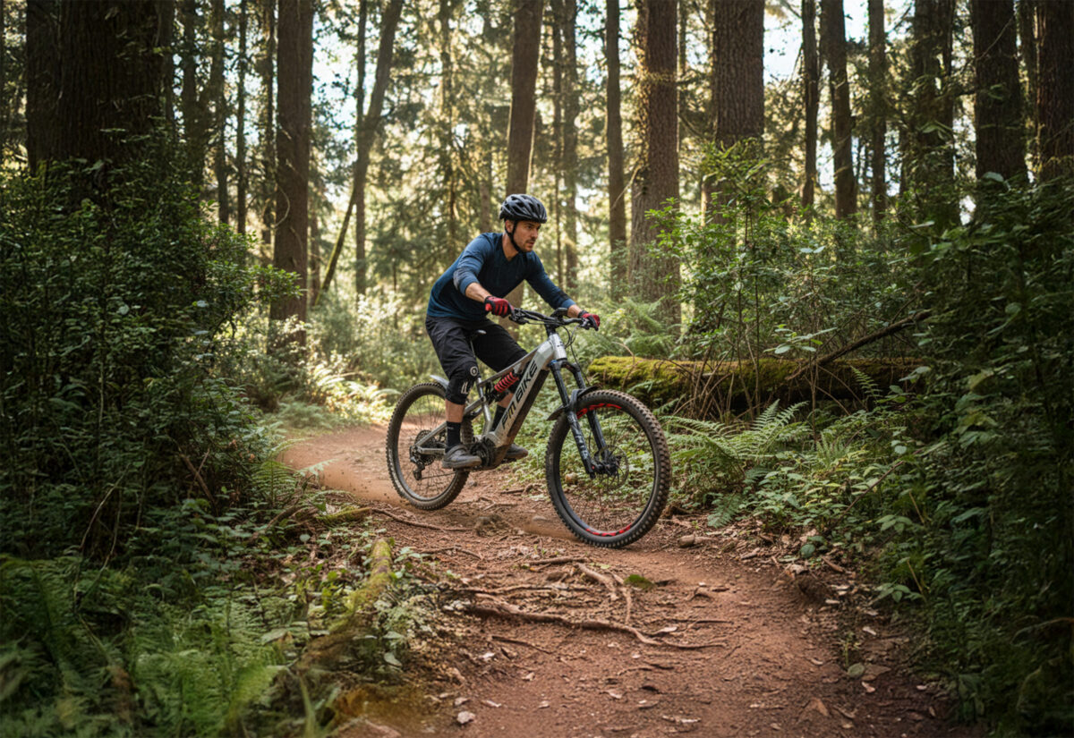 ciclista in azione mentre percorre un sentiero sterrato all'interno di un bosco su una ebike mtb