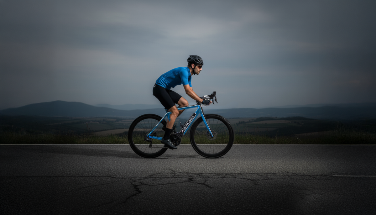 ciclista che pedala su una strada asfaltata una bici elettrica da corsa firmata Favaloro con telaio blu e nero sullo sfondo colline e campi estesi