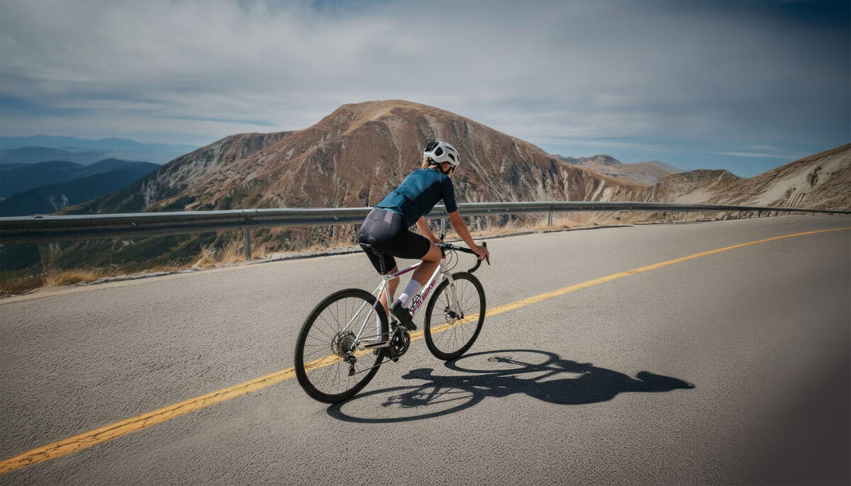 ciclista percorre una strada asfaltata su una bike entry level con porta borraccia sullo sfondo montagne